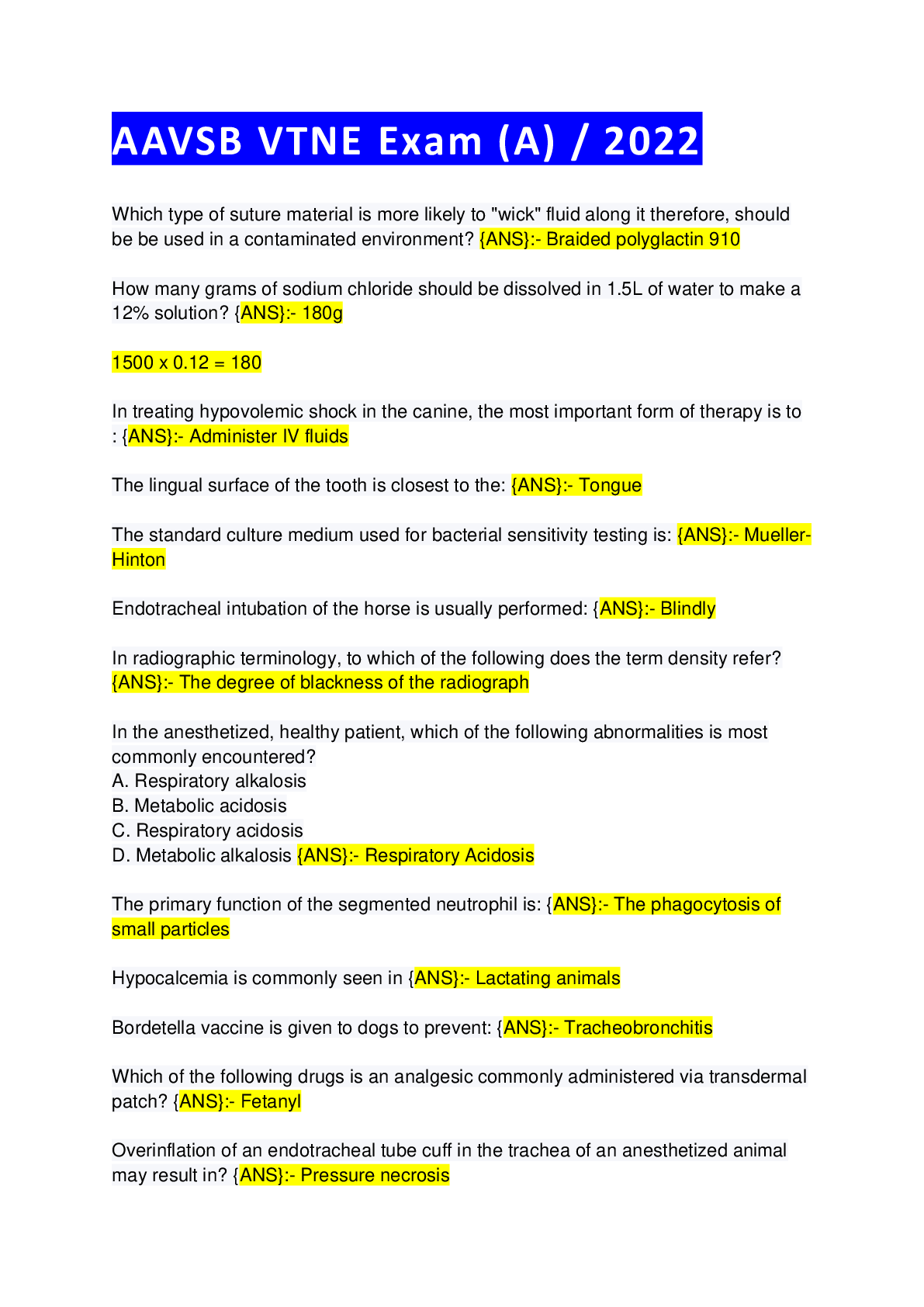 Preview image for AAVSB VTNE Exam (A) / 2022